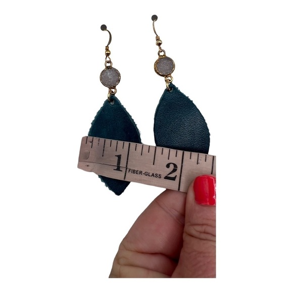 Love , Poppy Teal Green Leather Teardrop with Druzy Stone Earrings NEW - Picture 5 of 13